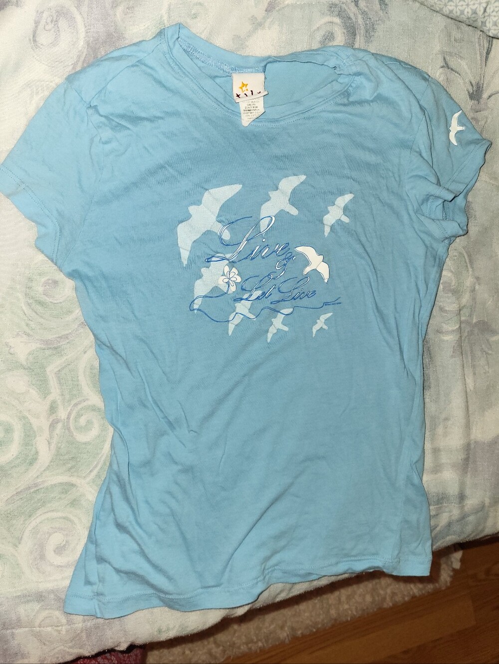 Tilt Light Blue Graphic Tee with Live & Let Live Seagull Motif, Size L